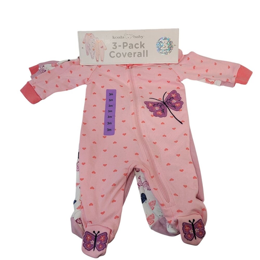 Koala Baby 3-Pack Baby Girl Coveralls With Butterfly & Heart Designs 3-Months
